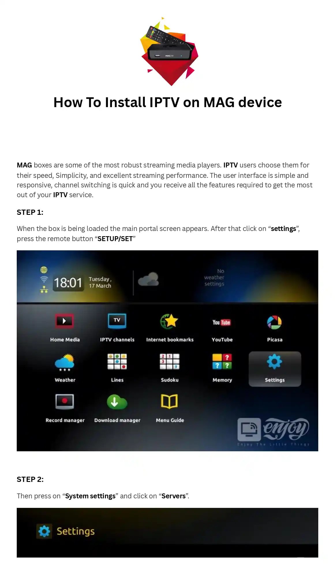 Step-by-step tutorial on how to install IPTV on a MAG device showing the settings menu interface.