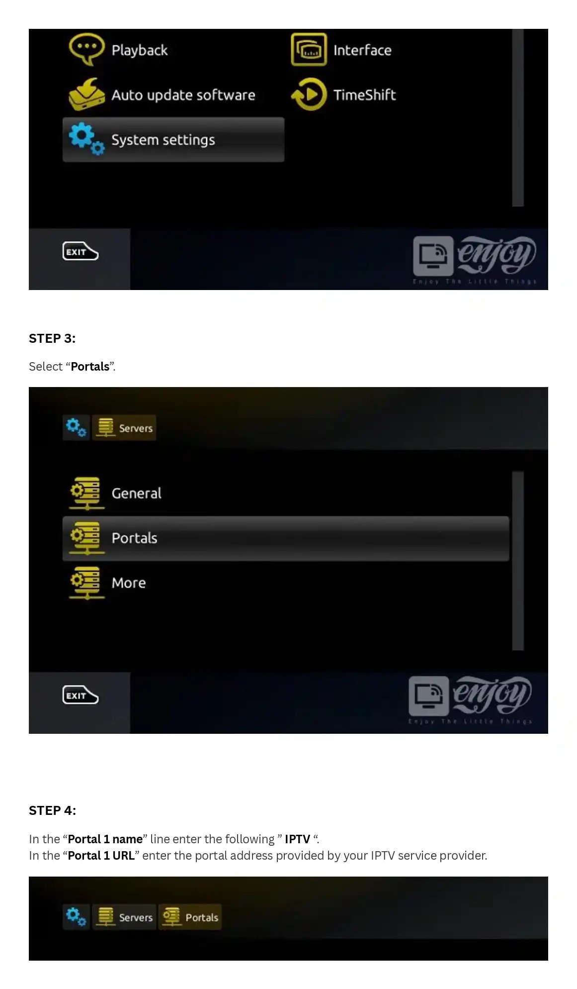 Step-by-step guide showing how to navigate system settings to configure IPTV portal URLs on a digital receiver menu.