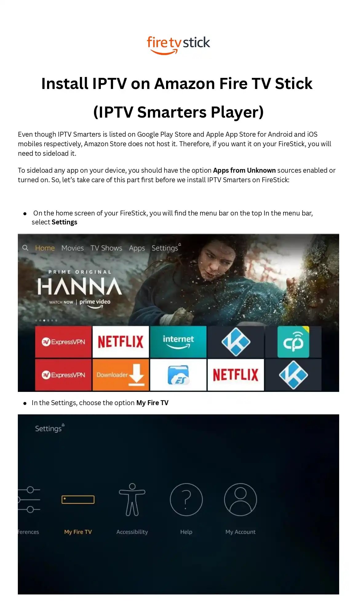 Step-by-step guide showing how to install IPTV Smarters on an Amazon Fire TV Stick via settings.