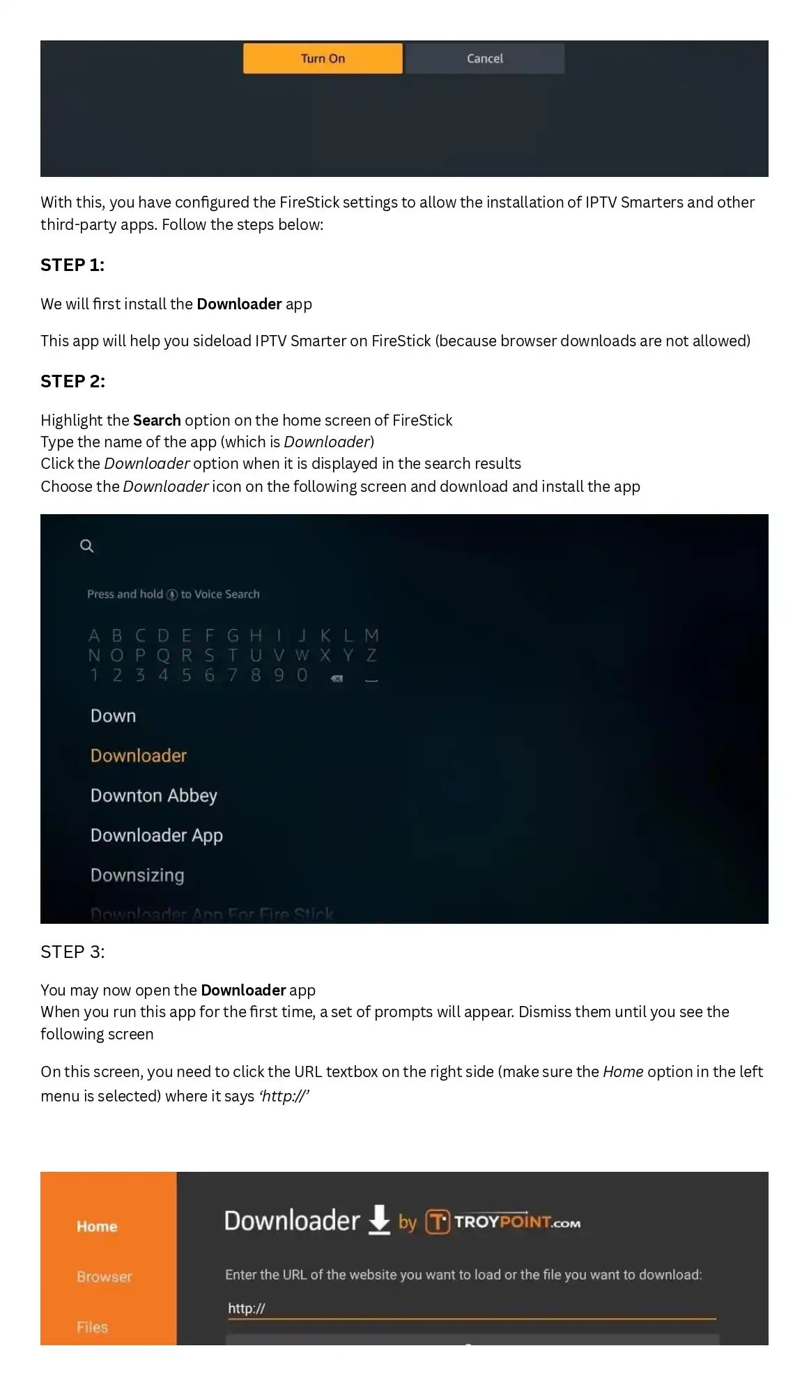 Step-by-step guide to installing the Downloader app on an Amazon FireStick for sideloading third-party apps.