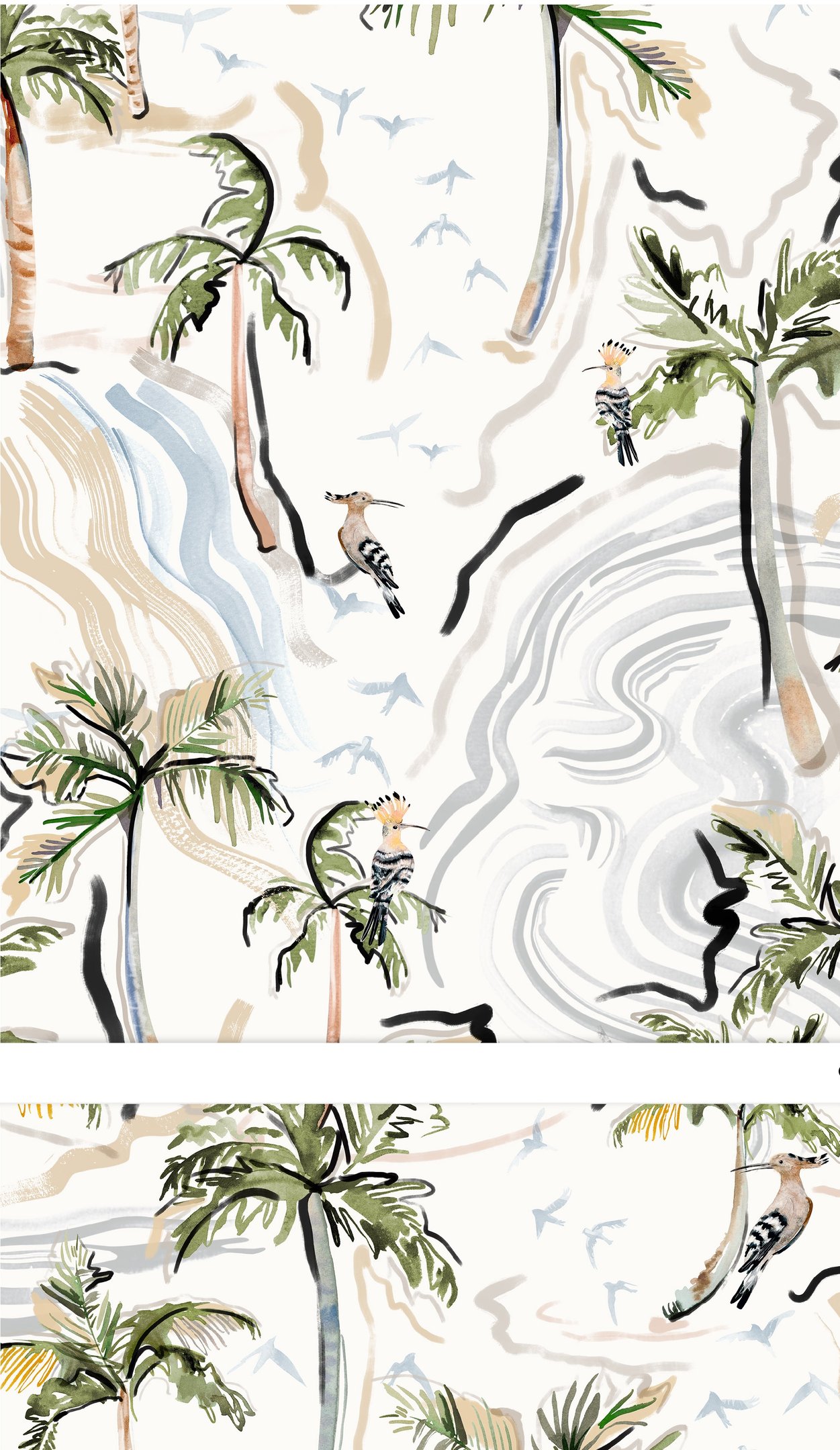 Design de superfície têxtil de estampa tropical com coqueiros, pássaros e pinceladas orgânicas