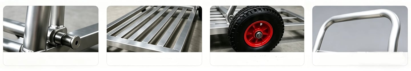 Durable aluminum platform hand truck featuring heavy-duty pneumatic wheels and a reinforced metal frame.