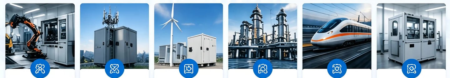 Collage of industrial technology showing robotics, telecommunications, wind energy, and high-speed rail.