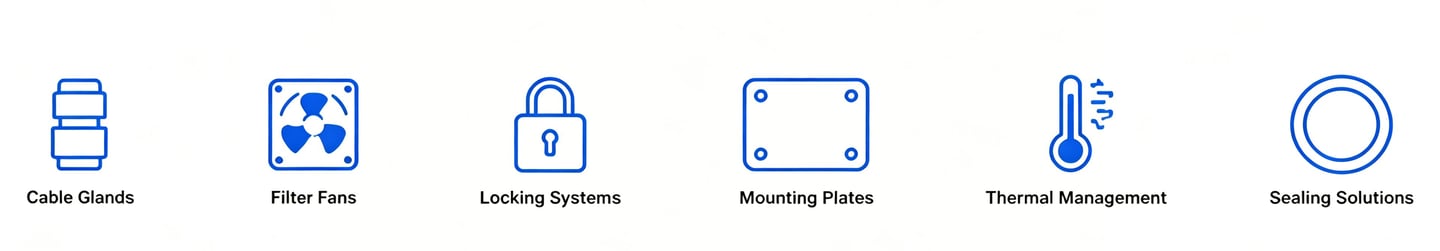 Blue industrial enclosure accessories icons including cable glands, filter fans, locking systems, and thermal management.