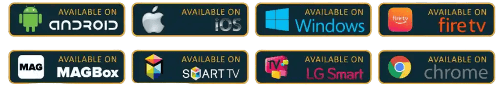 App download badges for Android, iOS, Windows, Fire TV, MAGBox, Smart TV, LG Smart, and Chrome.