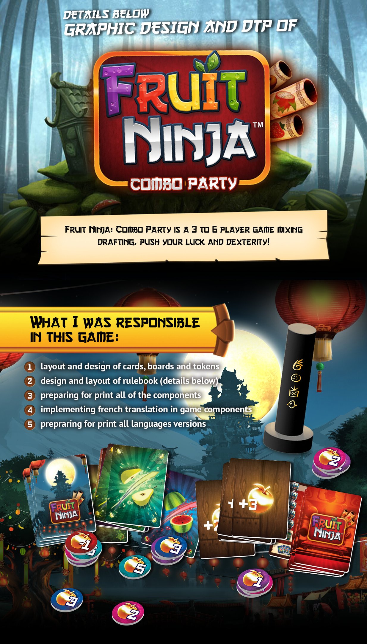DTP and graphic design for Fruit Ninja combo party board game