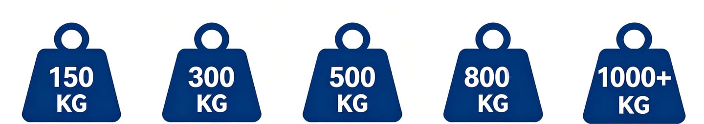 Blue industrial weight capacity icons ranging from 150 kg to over 1000 kg for trolley