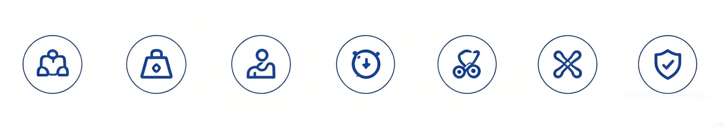 A row of blue line icons in circles including a person, bag, timer, stroller, and shield symbol.