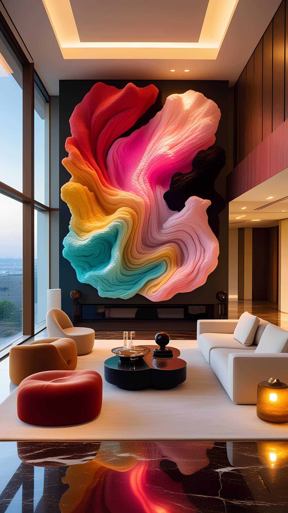 Mural 3D Chromatic Flow en salón de ático contemporáneo — Pedro Alonso Studio.