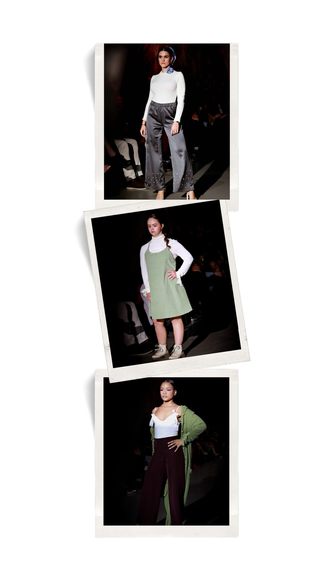 Three polaroid-style photos of models presenting different outfits on a fashion runway.