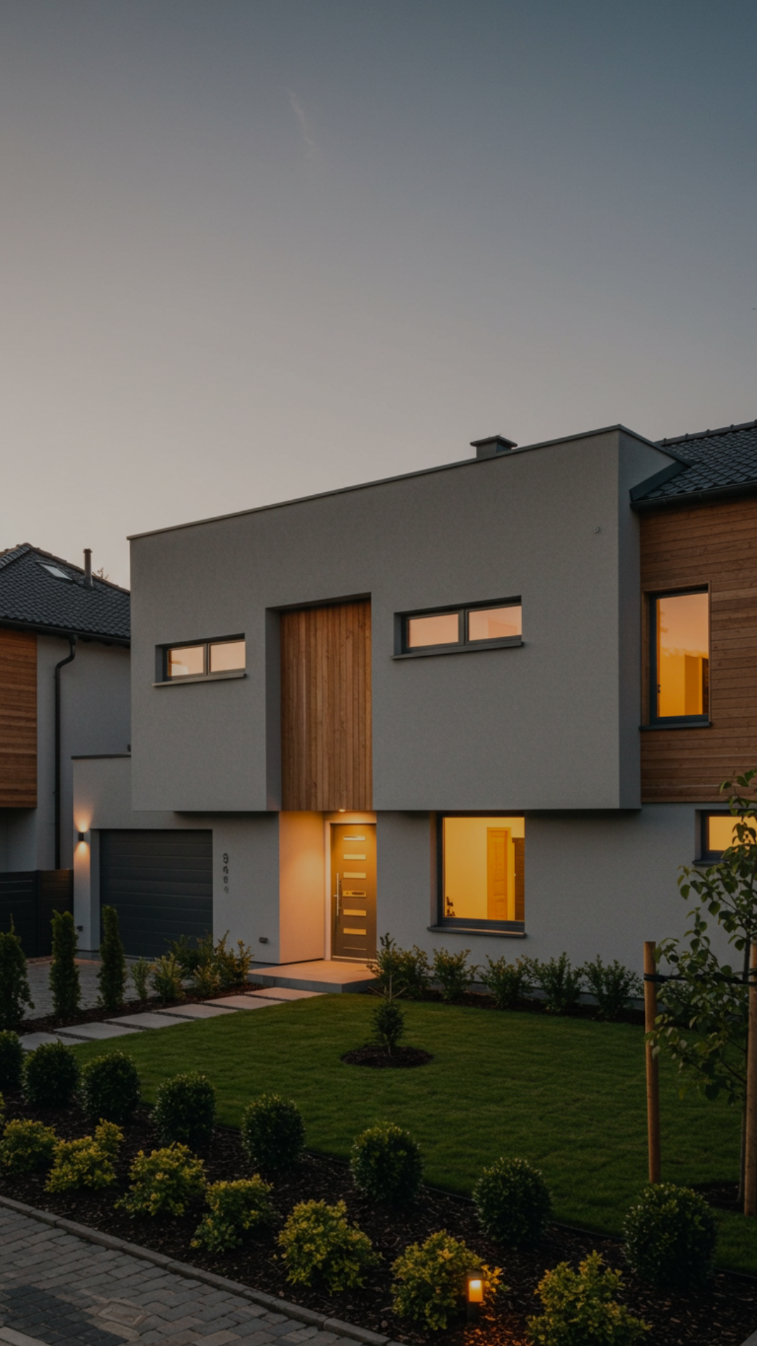 a beautiful house with a driveway and lights on