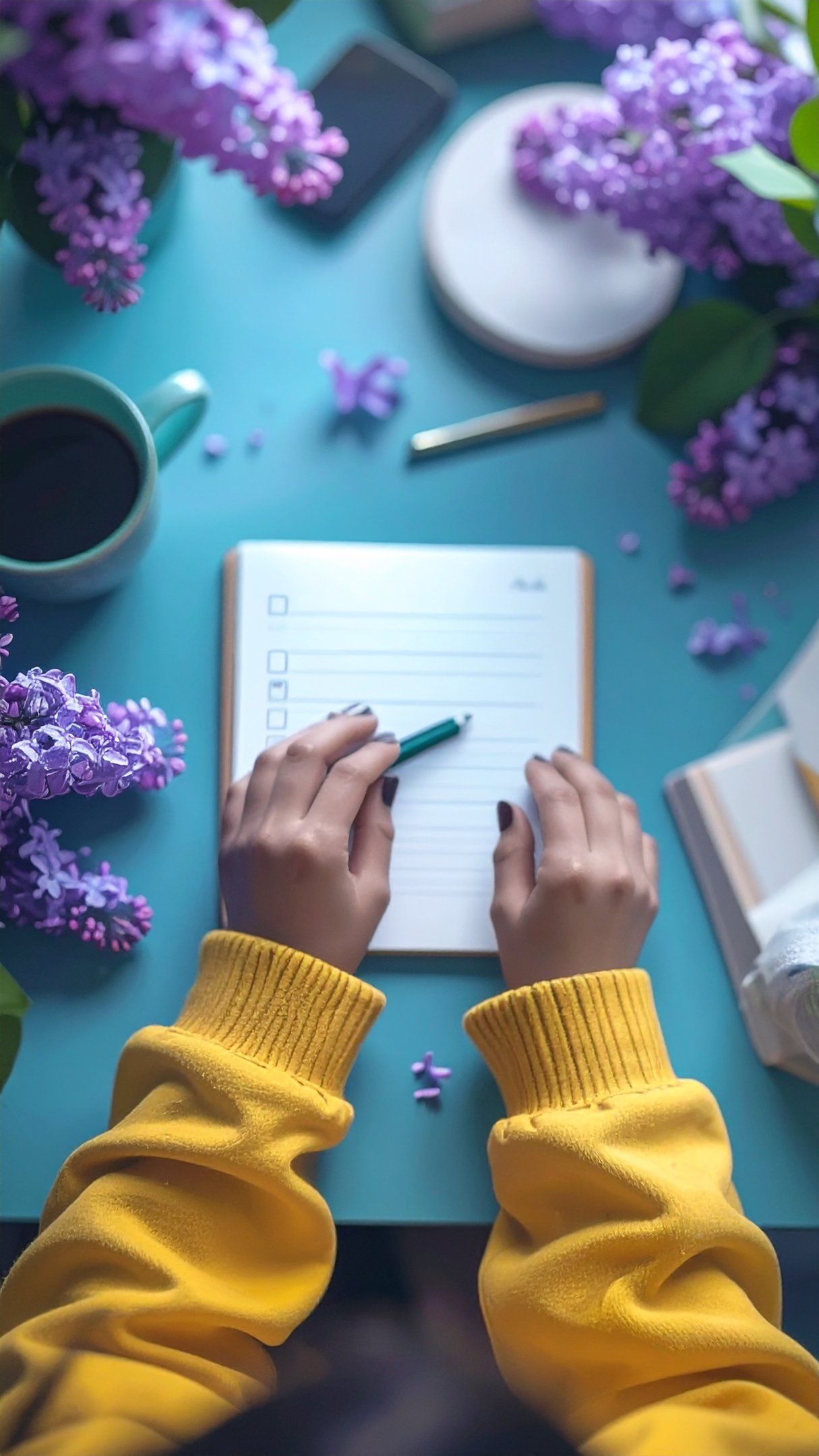 a person writing on a notebook with a pen and a cup of coffee