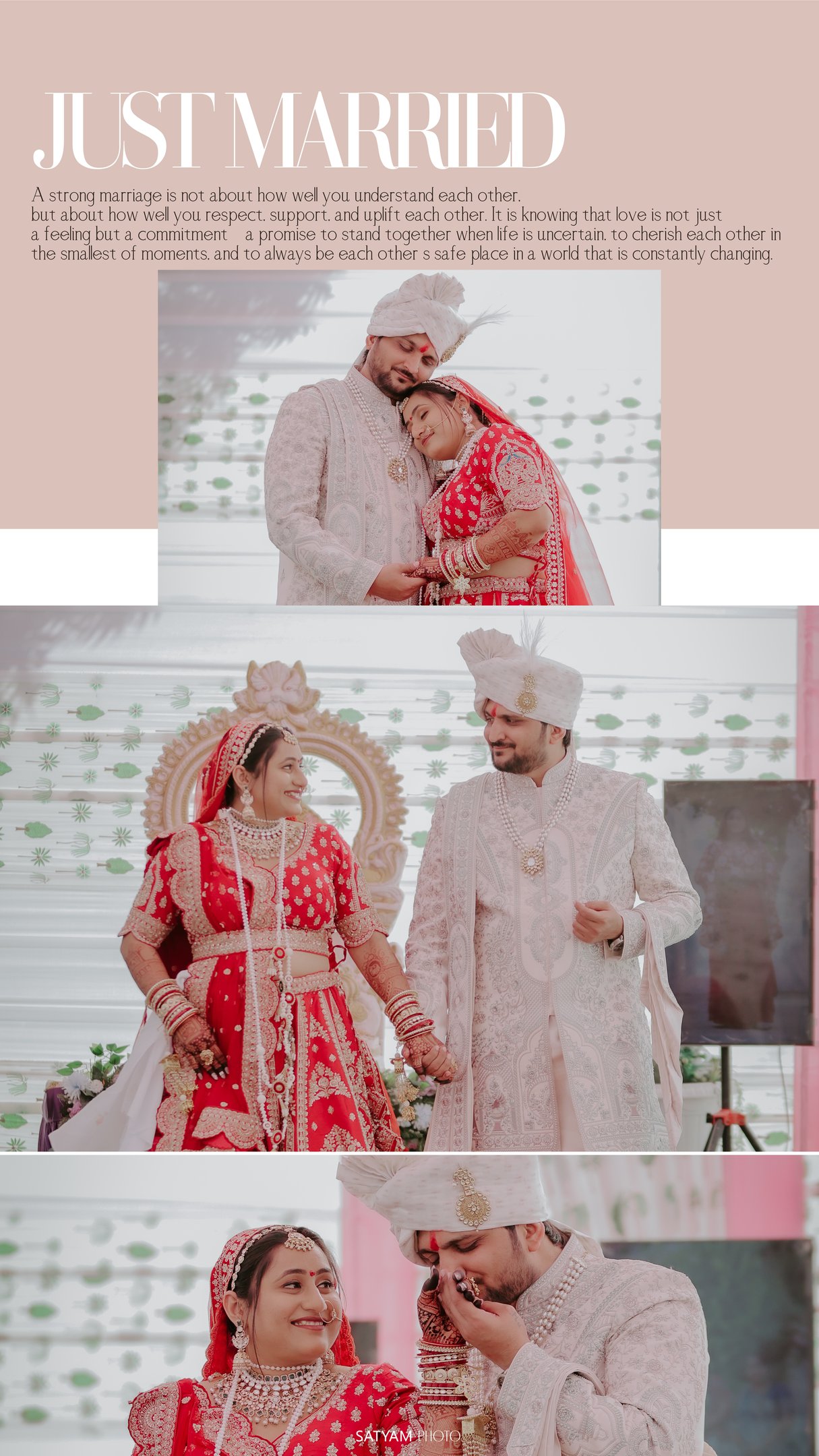 Collage of wedding moments: Just Married couple holding hands and groom kissing bride's hand.