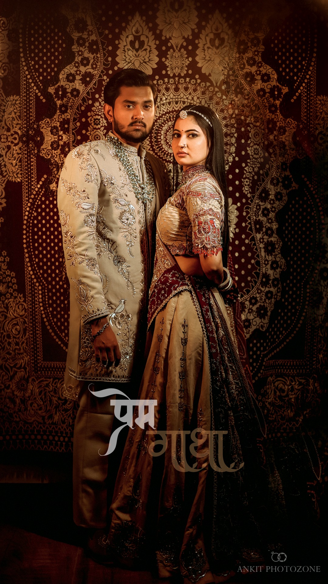 Traditional Indian bride and groom in royal wedding attire, featuring elegant bridal makeup, glowing