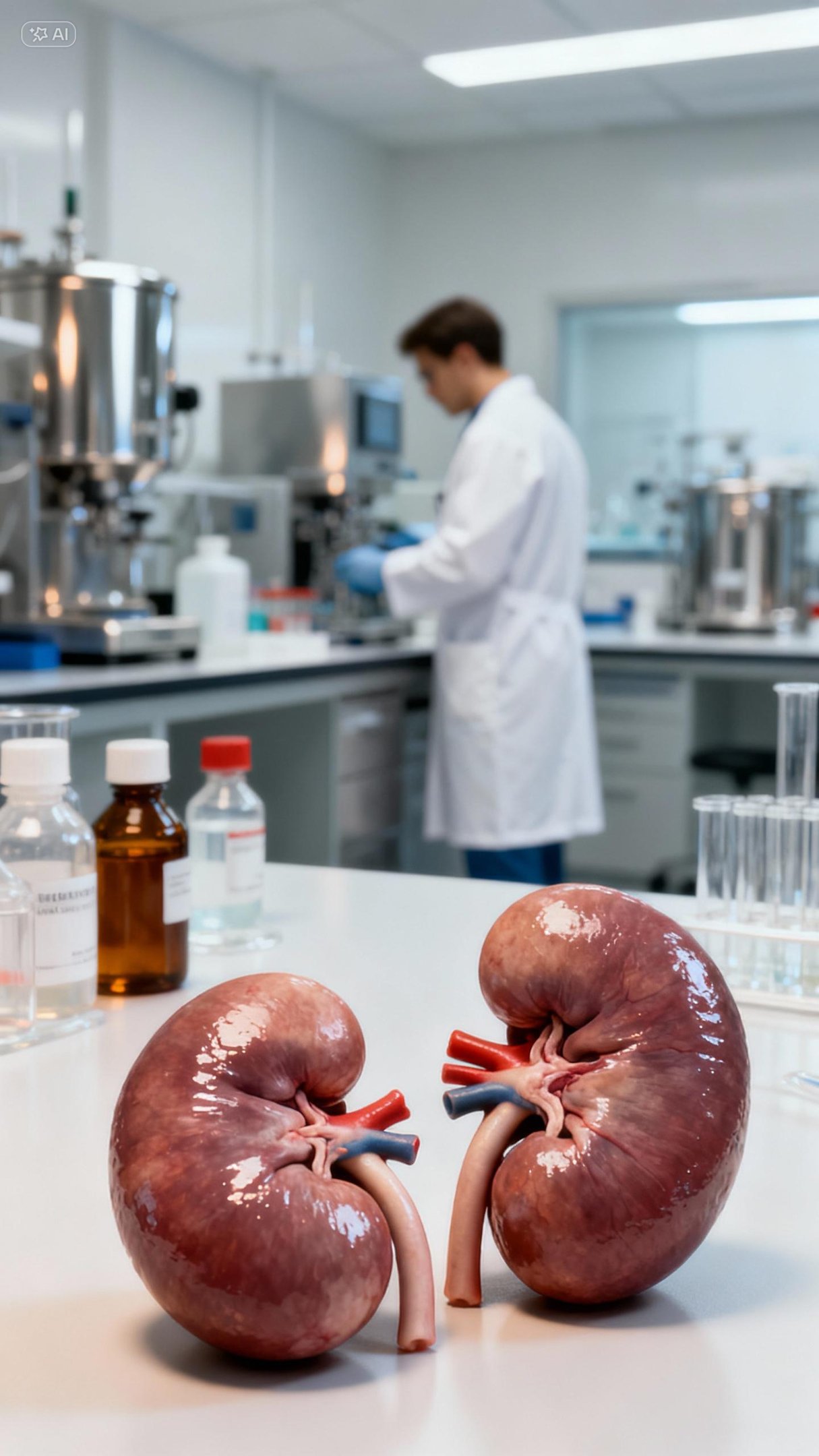 Ilustração de um laboratório com rins encima da bancada - Clearence de Àcido Úrico