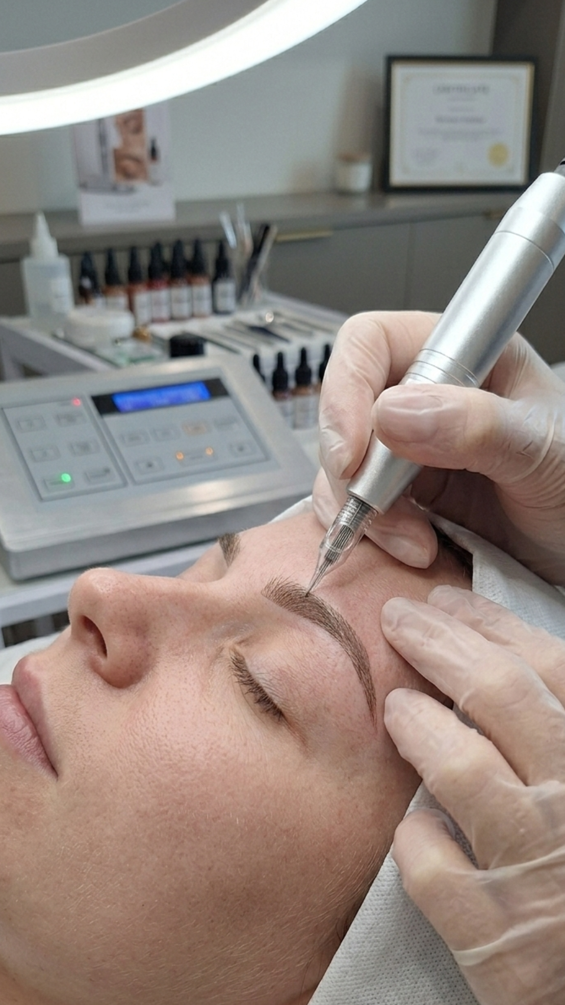 Professional artist performing microblading permanent makeup on eyebrows with a digital tattoo machine.