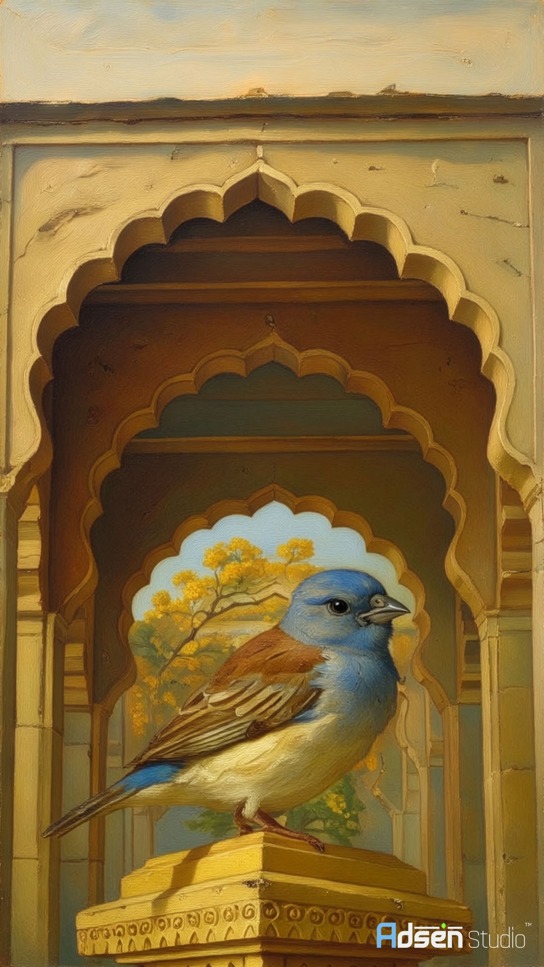 A highly detailed AI-assisted oil painting of a vibrant male Blue Sparrow.