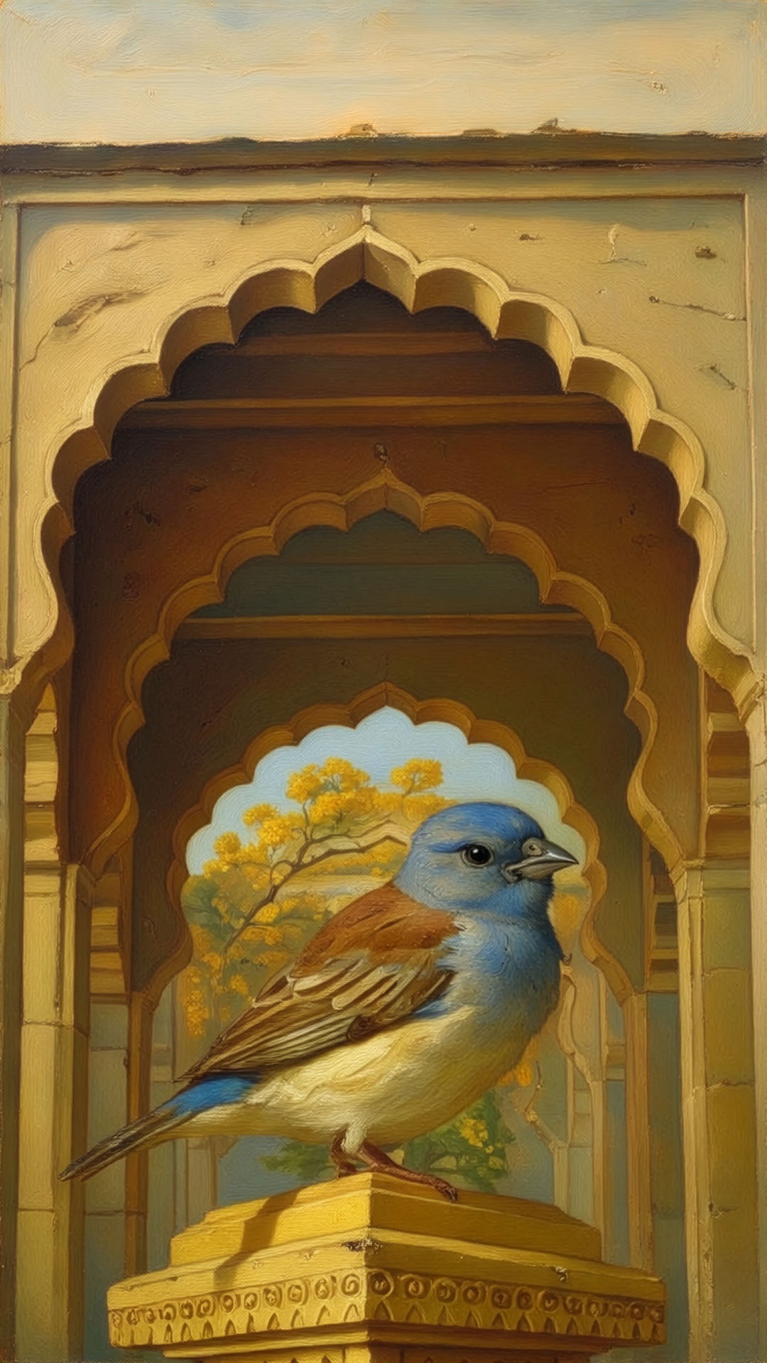 A highly detailed AI-assisted oil painting of a vibrant male Blue Sparrow on a golden pedestal