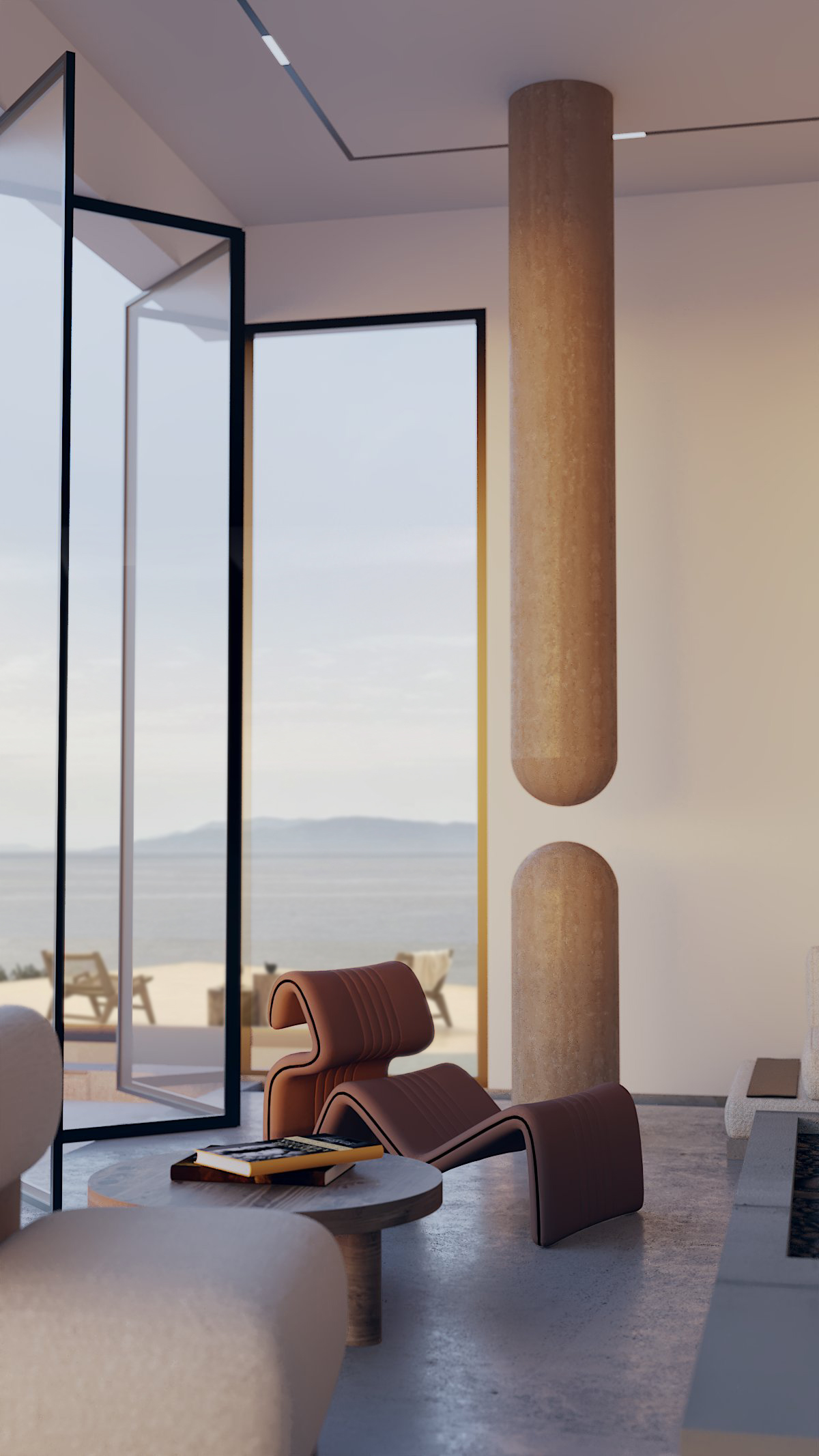 Close-up of a sculptural lounge chair beside a round wooden table in a serene, ocean-facing interior