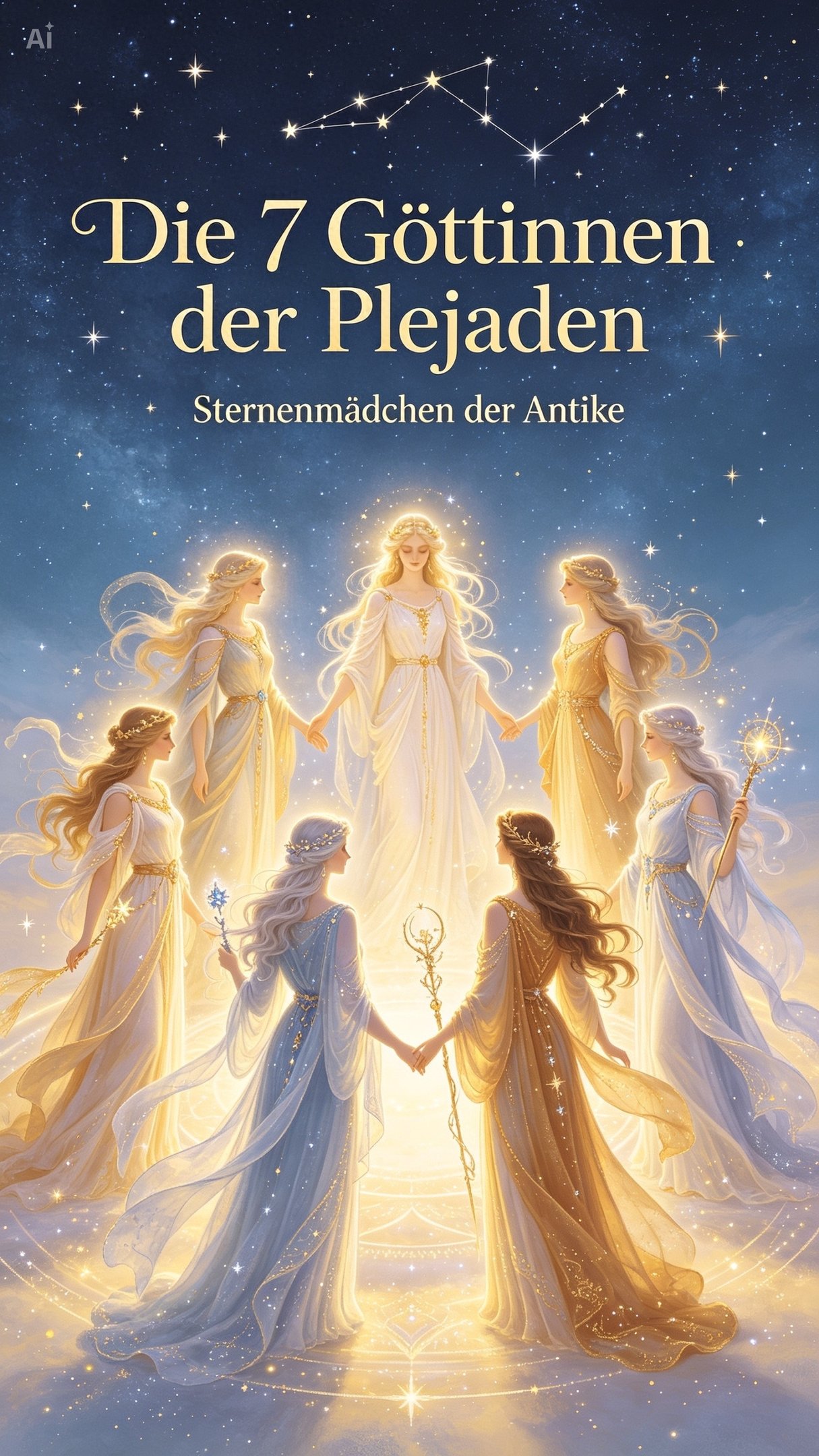 Seven ethereal goddesses of the Pleiades star cluster standing in a circle under a starry night sky.