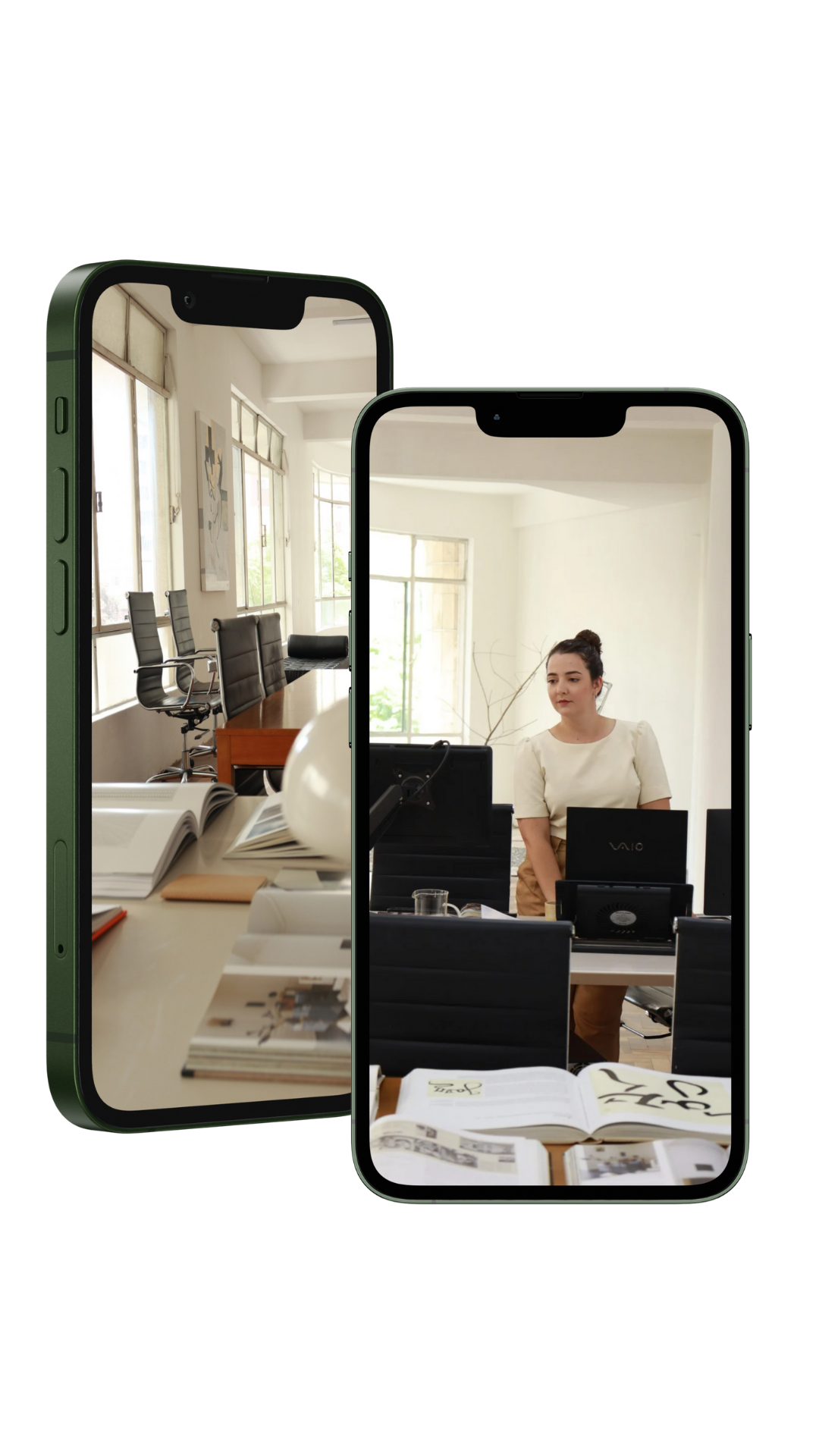 Professional woman working in a modern office, displayed on mobile phone screens.