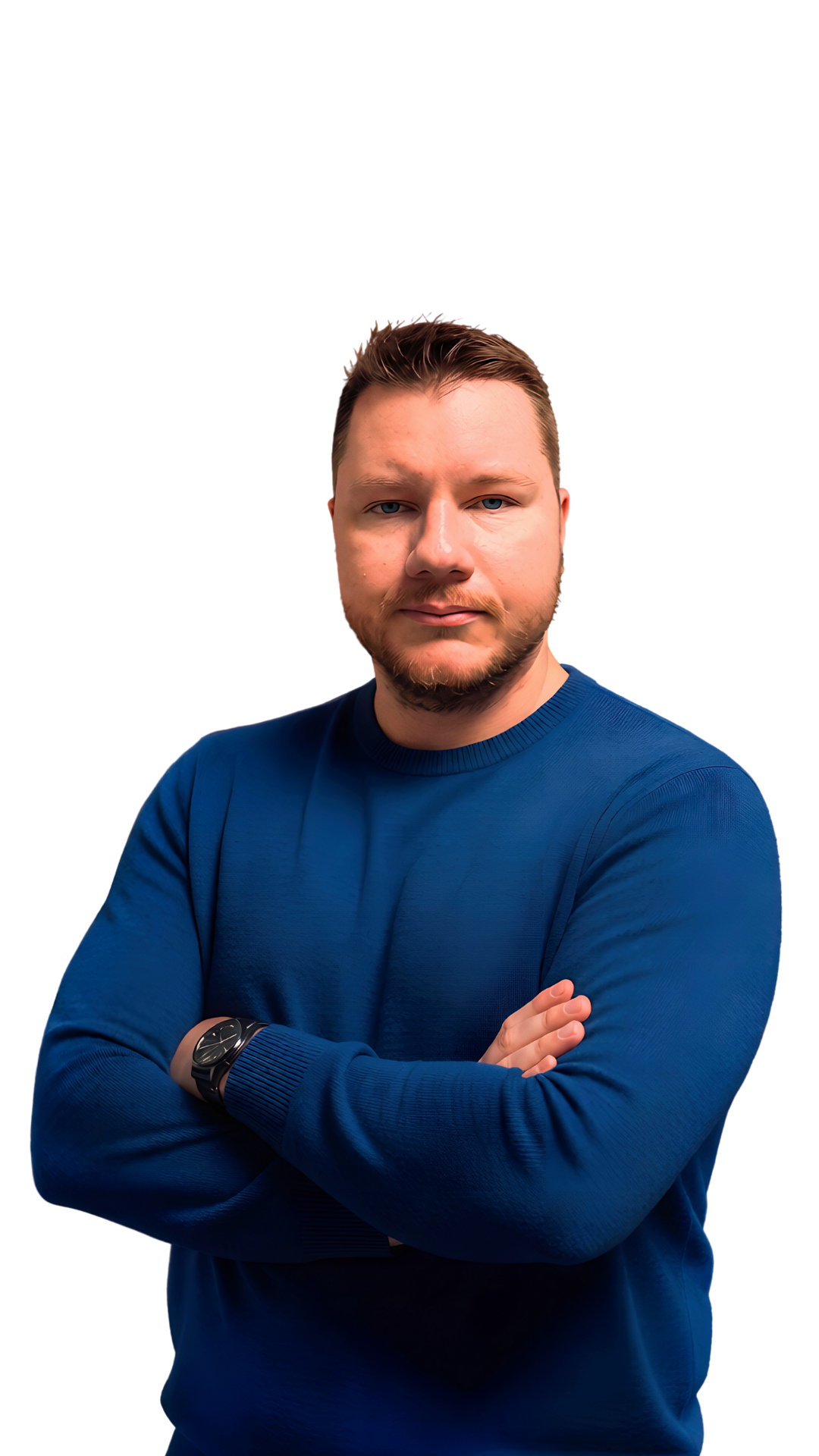 Professional portrait of a man with blue eyes wearing a blue sweater and watch.