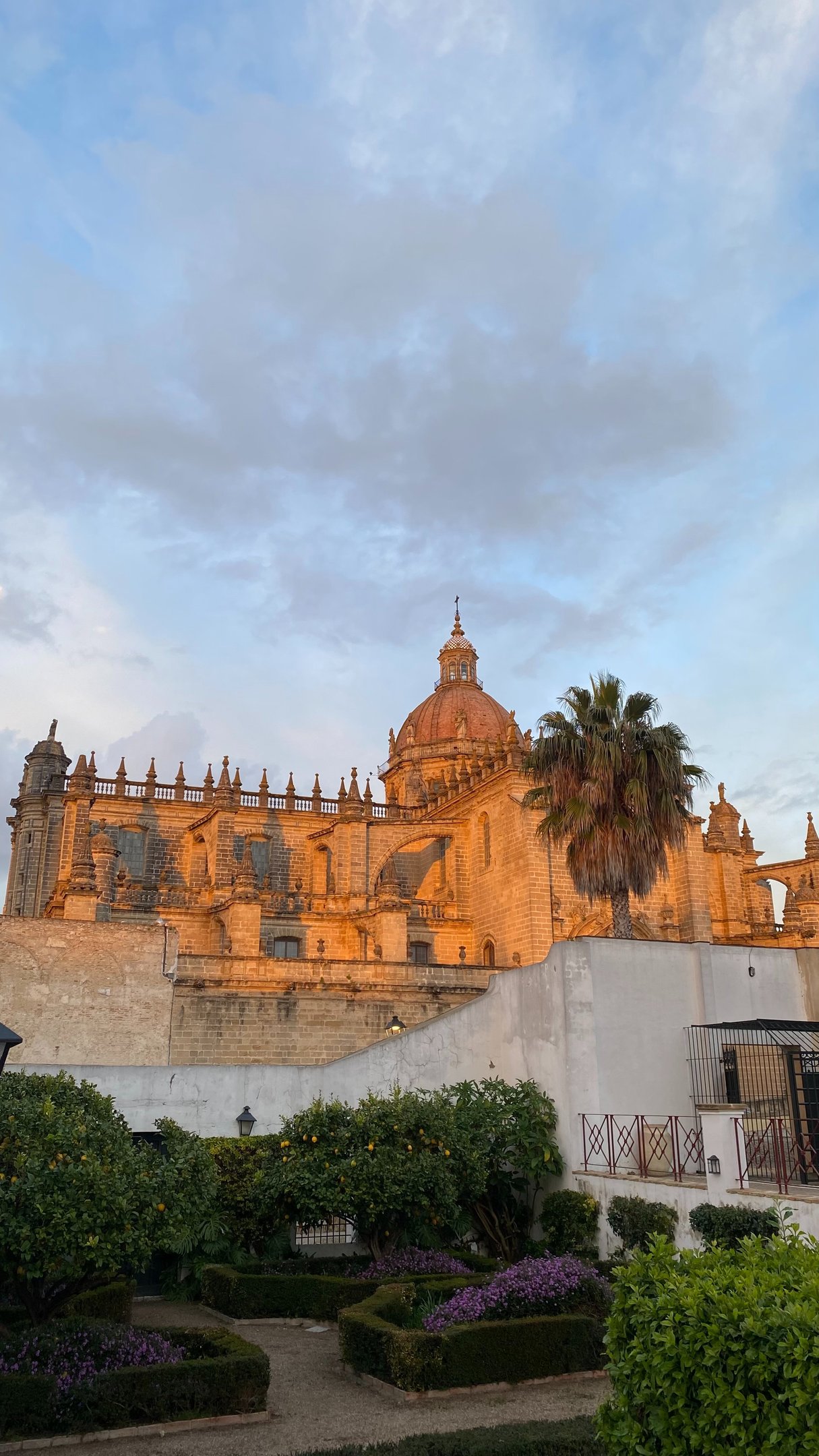 Catedral de Jerez al atardecer con luz dorada sobre el casco histórico