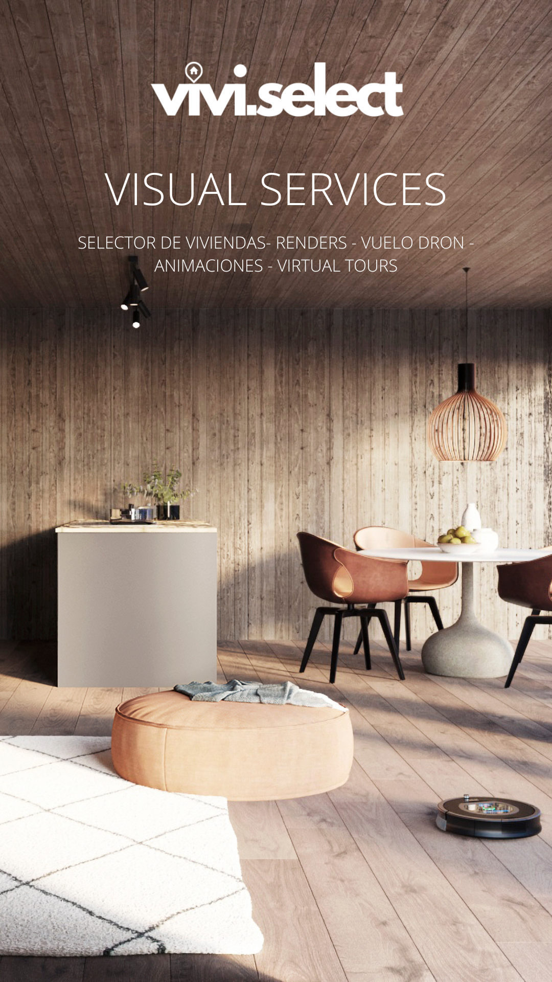 Modern 3D interior render showing a dining area with wood walls, leather chairs, and architectural lighting.