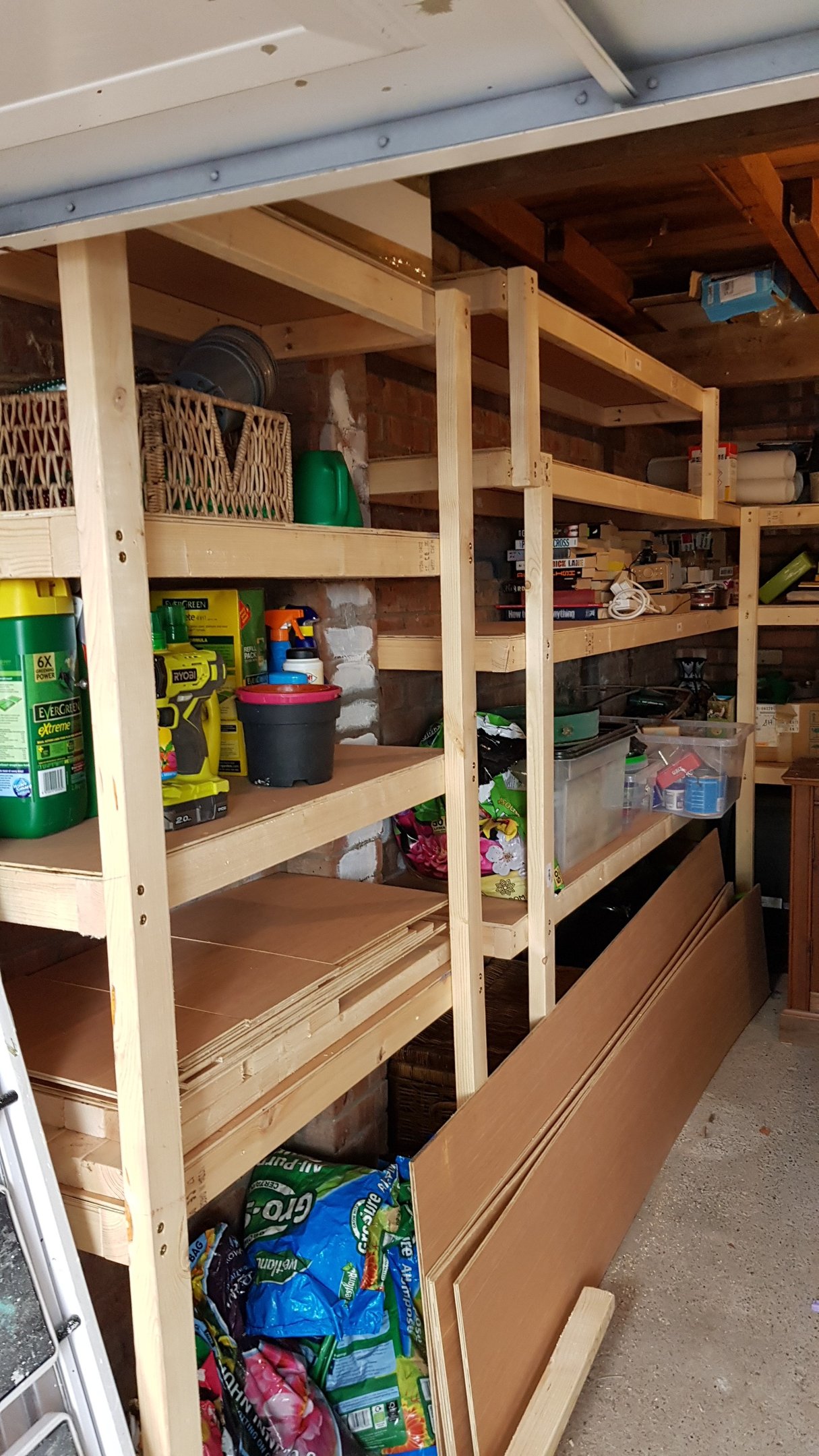a garage with shelves