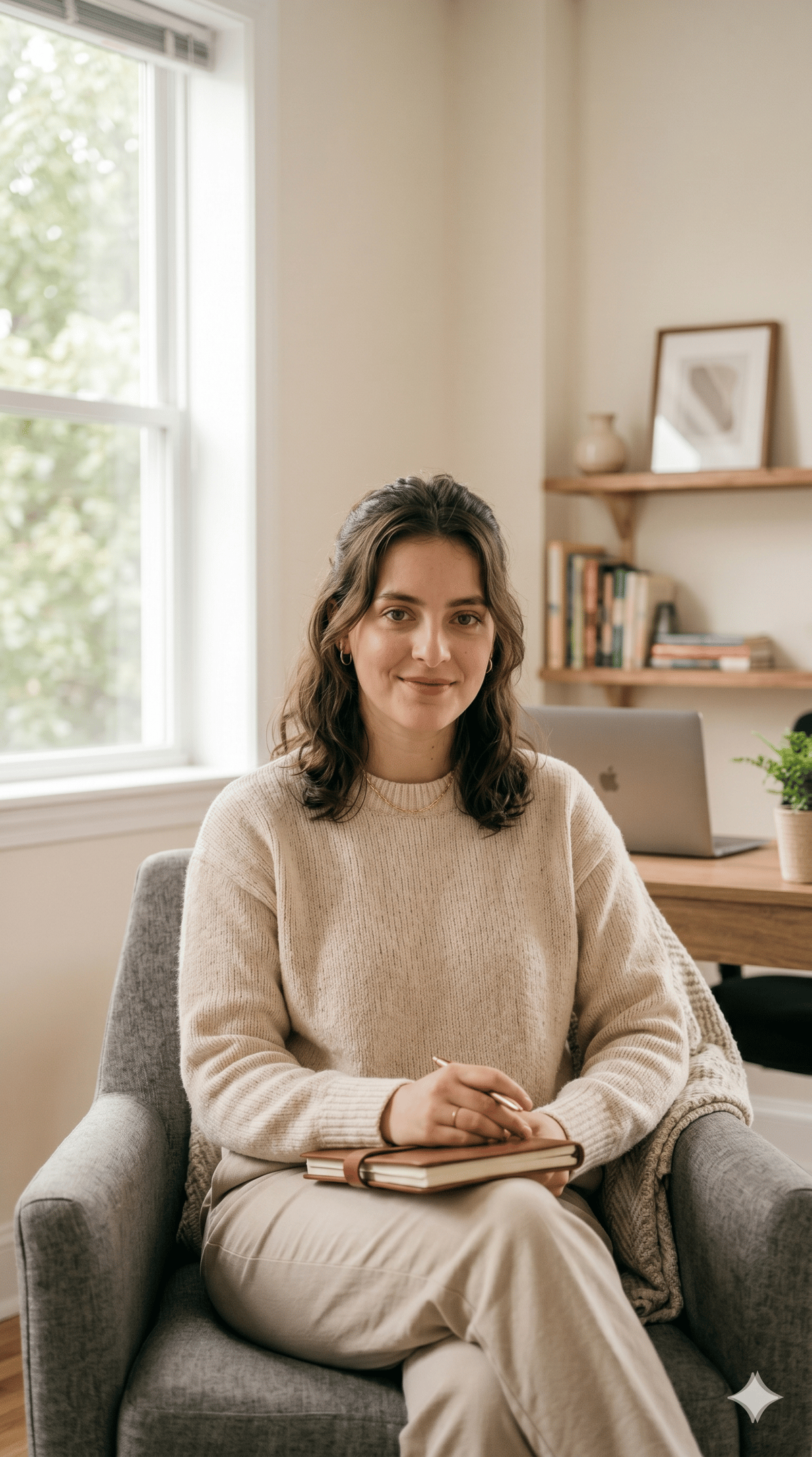 terapeuta sentada com caderno durante atendimento