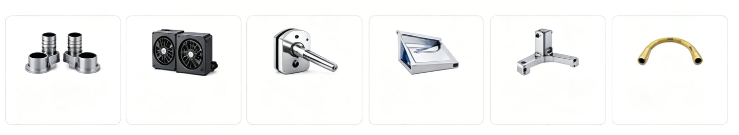 Collection of industrial hardware including metal fittings, fans, and glass mounting brackets.