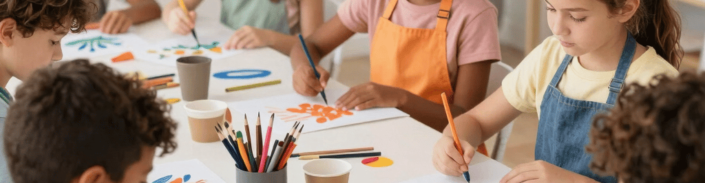 Young children in an art class painting colorful flowers on canvases with wooden easels.