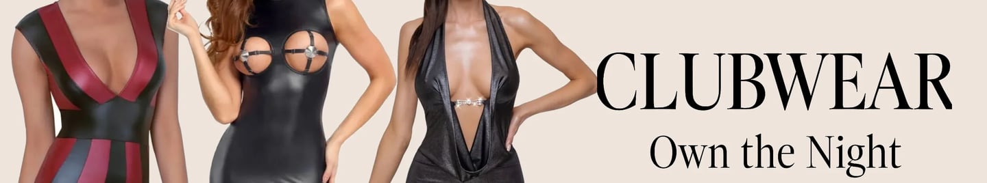 Three models wearing sexy leather and metallic clubwear mini dresses for nightlife fashion.