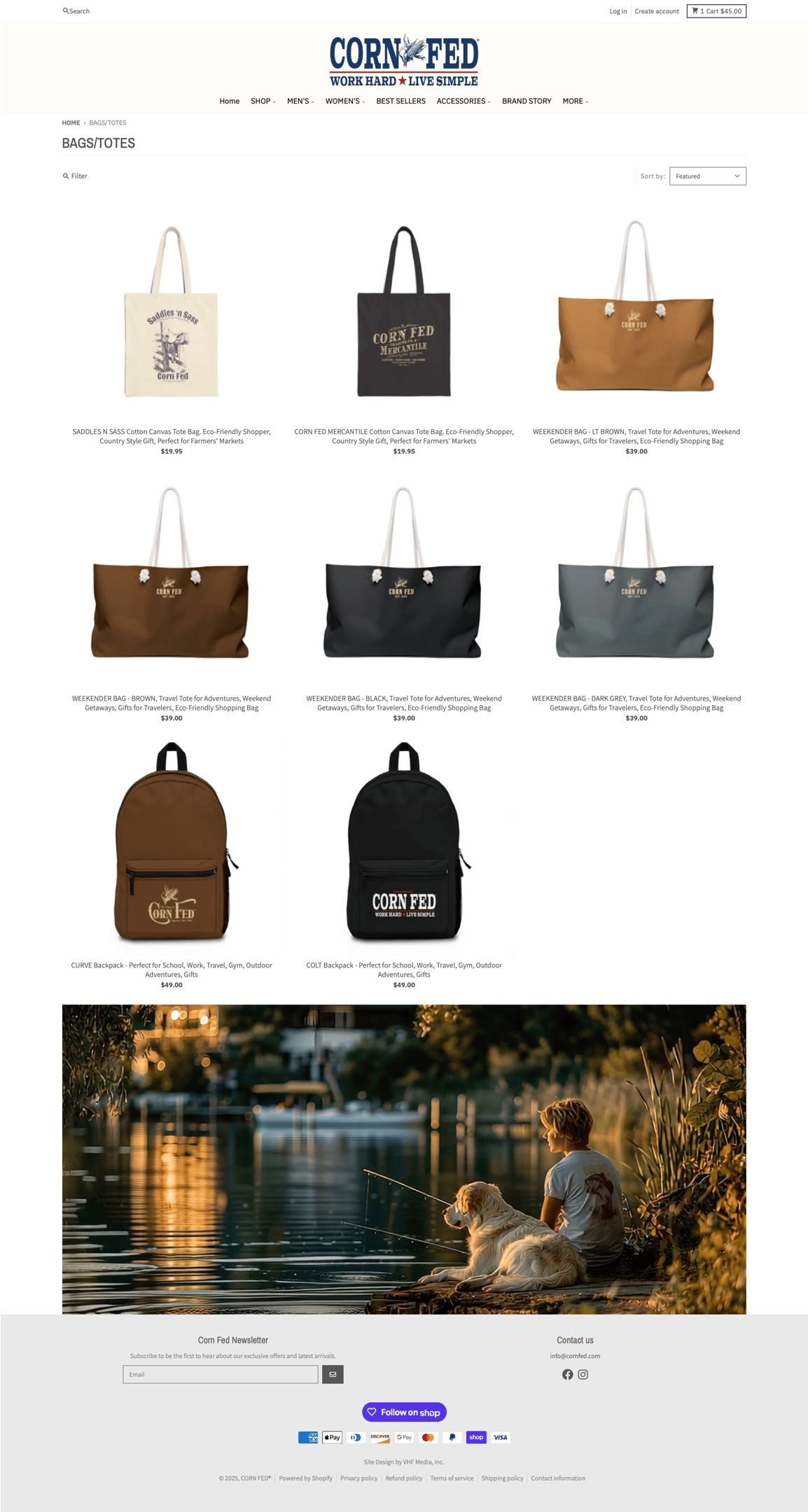 A collection of Corn Fed canvas tote bags and durable backpacks displayed on a e-commerce storefront.