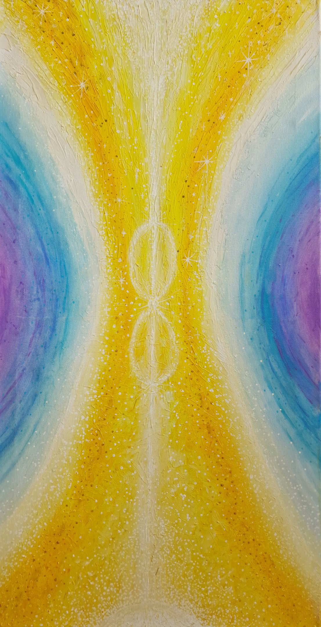 Abstract spiritual painting with golden yellow light, sparkling stars, and blue energy waves.