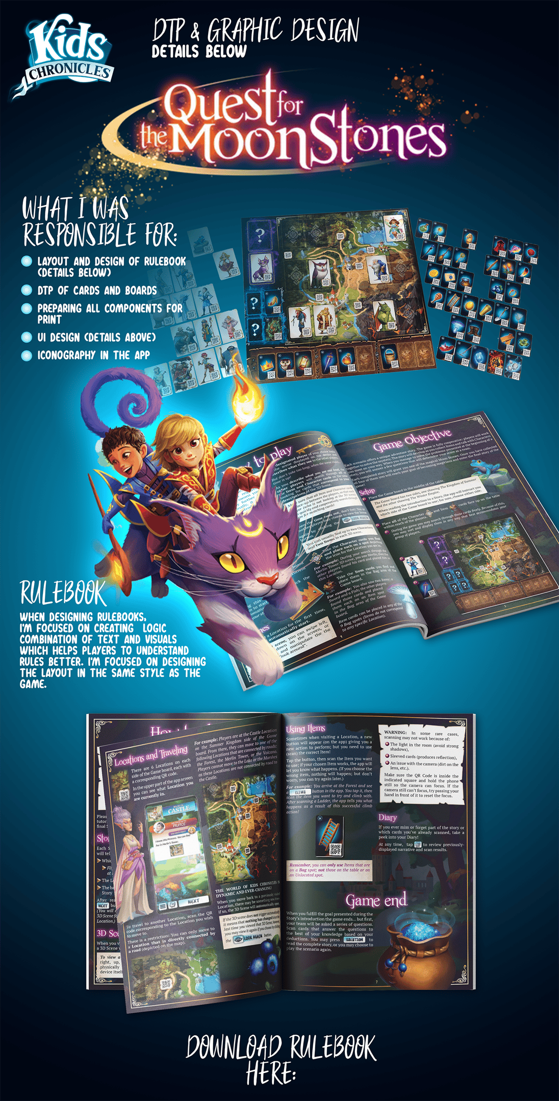 Rulebook design for Kids Chronicles: Quest for the Moonstones board game