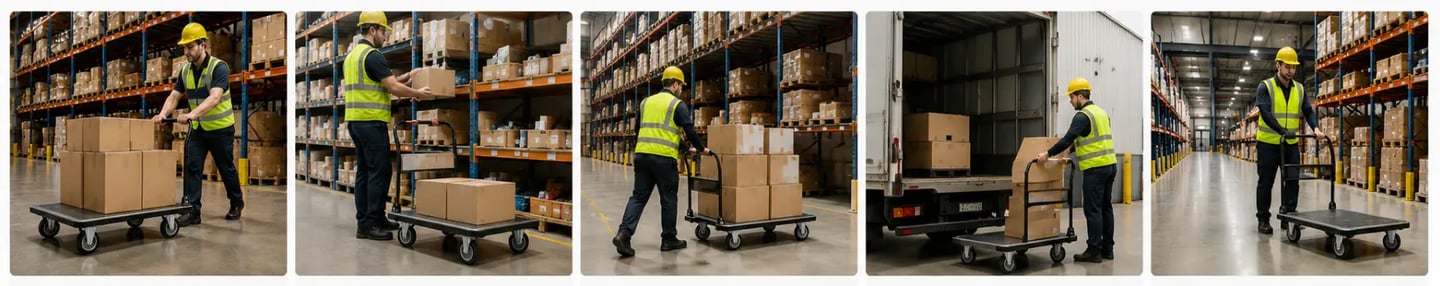 Warehouse workers in safety gear using heavy-duty platform carts to transport and load cardboard boxes.