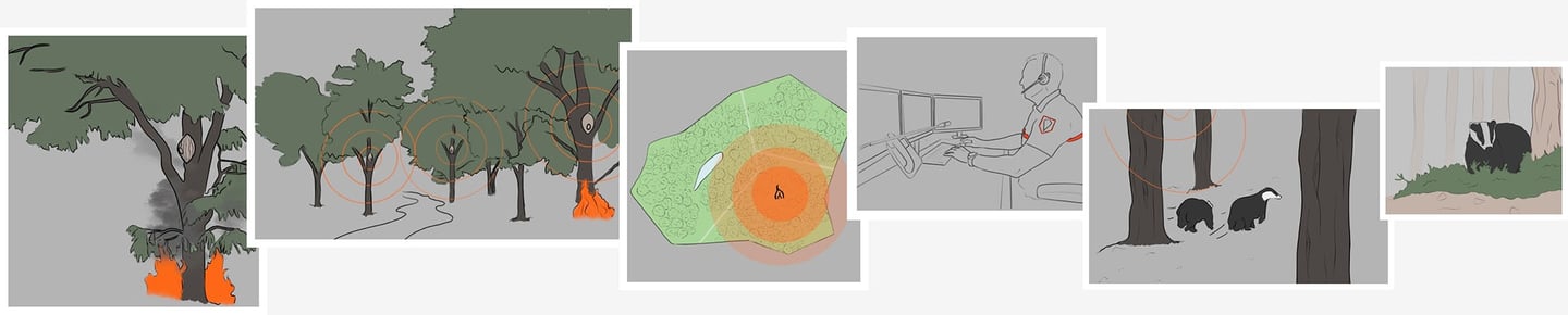 Illustrations of a forest fire detection system using sensors to alert a dispatcher and protect badgers in the woods.