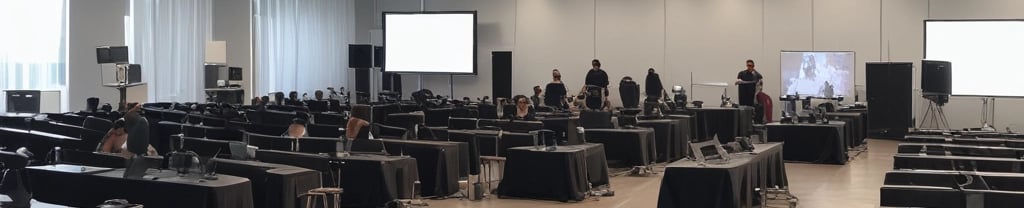 A sleek, modern event production setup with red and black lighting highlighting a corporate stage.