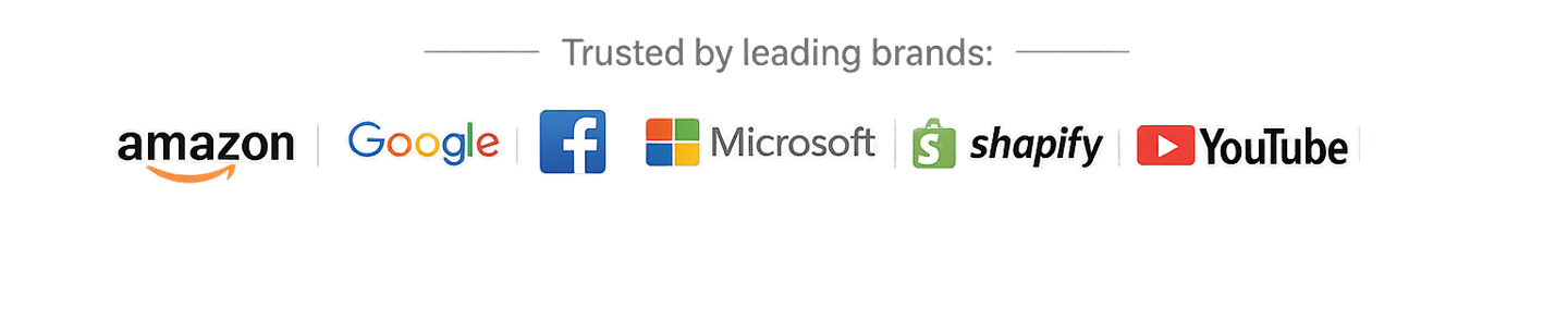Logos of trusted brands including Amazon, Google, Facebook, Microsoft, Shopify, and YouTube.