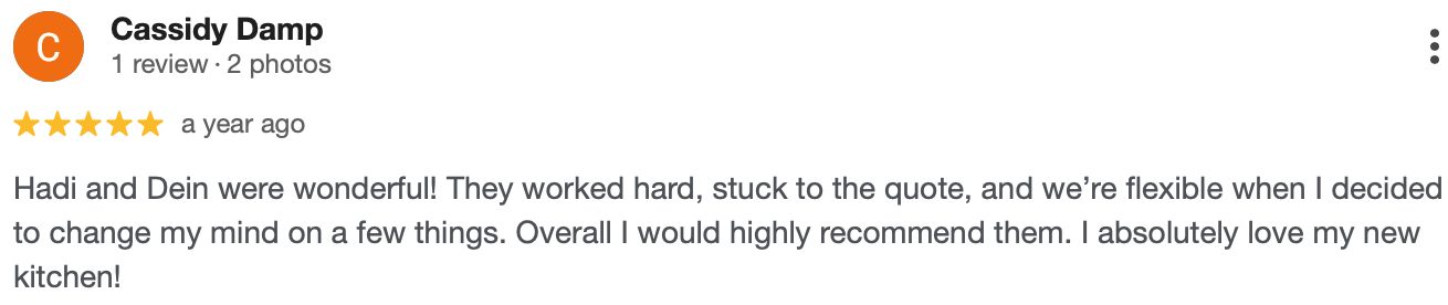 Five-star kitchen renovation review by Cassidy Damp praising the hard work and flexibility of the team.