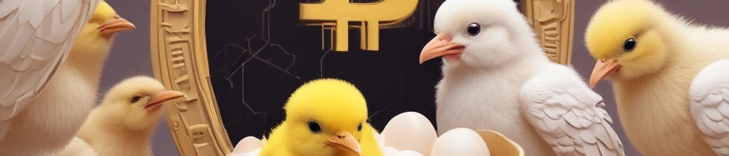 A dark-themed interface showing digital eggs progressing into chickens with yellow accents.