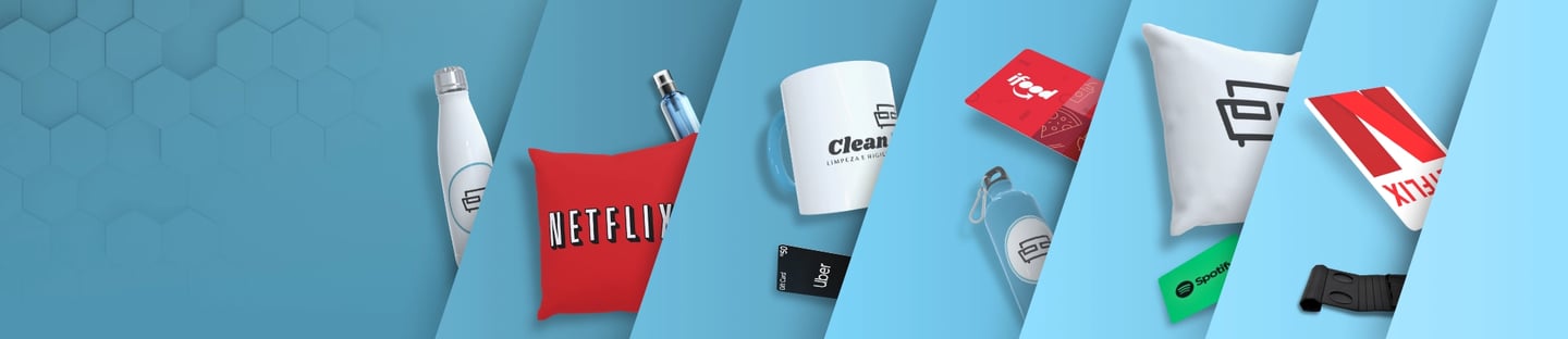 Brindes exclusivos da Clean Master: almofadas, canecas, copos, porta-copos e gift cards como Netflix, Uber e iFood.