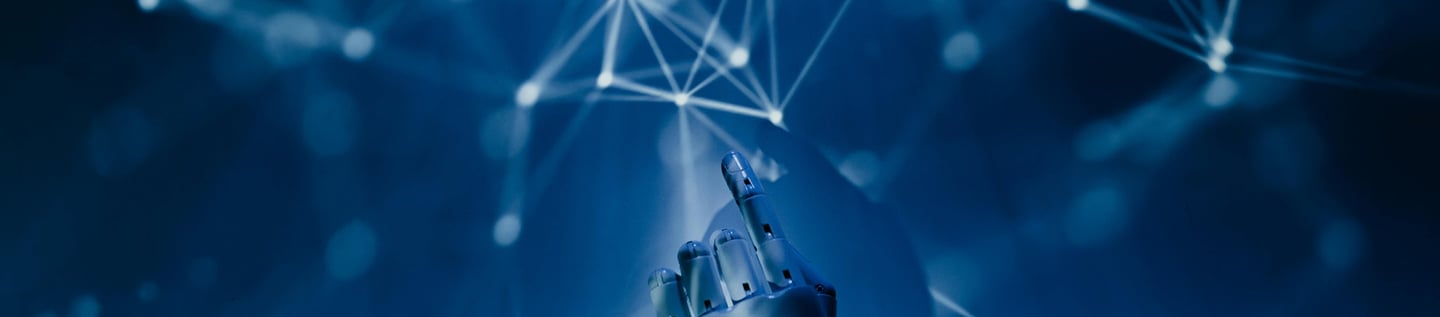 AI hand touching a digital neural network, symbolizing data-driven leadership analytics