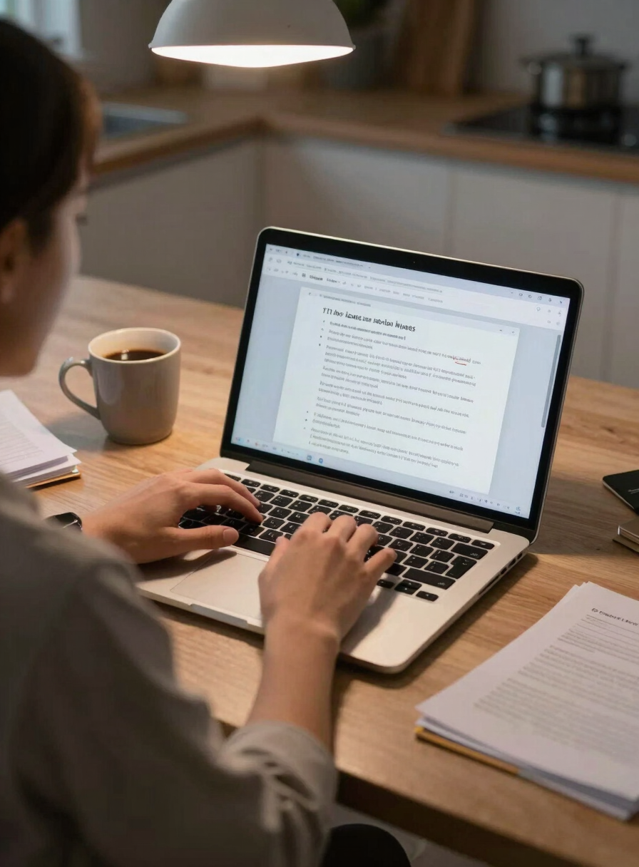 Over-shoulder view of a teacher's hands on a laptop keyboard at a kitchen table, late evening, warm overhead light casting a soft glow on an open browser with a lesson document visible on screen, coffee mug to the side, papers stacked nearby, available indoor light, no staging