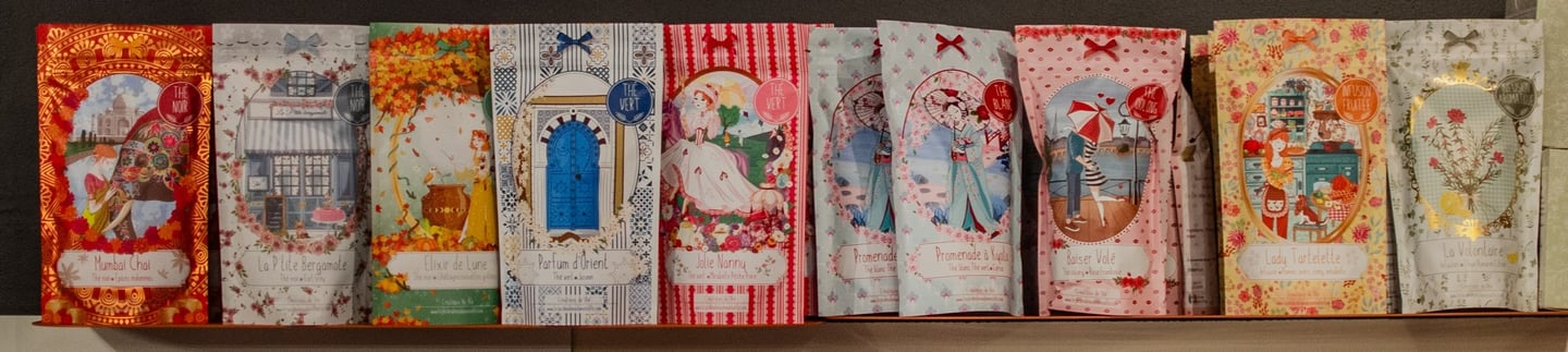Thés de la marque le jardin de Mademoiselle , graphique et bon, vert, blanc, oolong, tisanes, noirs