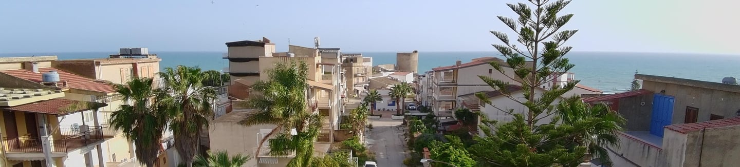 Front drone view , from the coliving for digital nomdas Co.bay Torre di Gaffe, Agrigento, Sicily, Italy