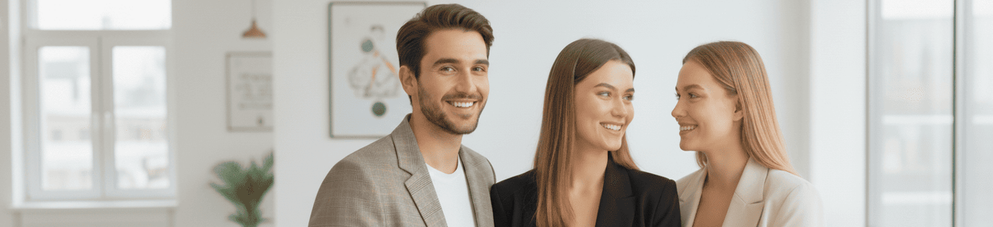 Un grupo de tres personas sonrientes, un hombre y dos mujeres posando en un espacio luminoso