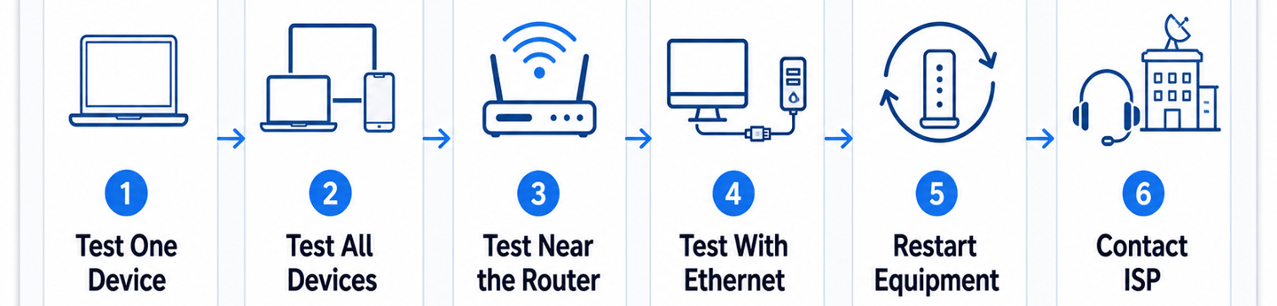 Step-by-step slow Wi-Fi troubleshooting flowchart.