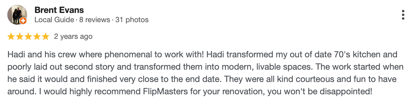 Five-star Google review for FlipMasters home renovation services and kitchen remodeling.